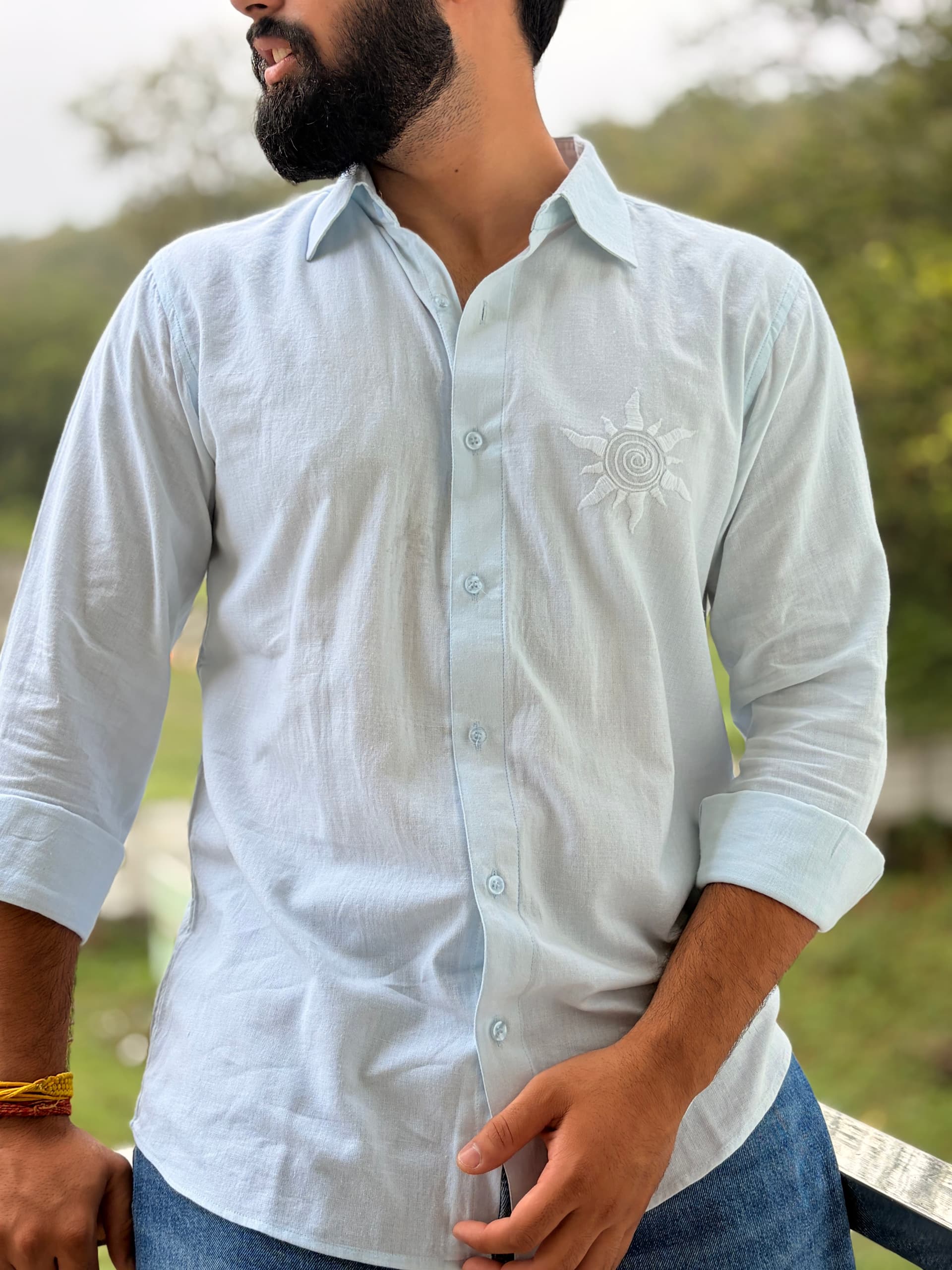 "Suraj" Sky Blue Hand-Embroidered Linen Shirt — Men's Monsoon Collection 2
