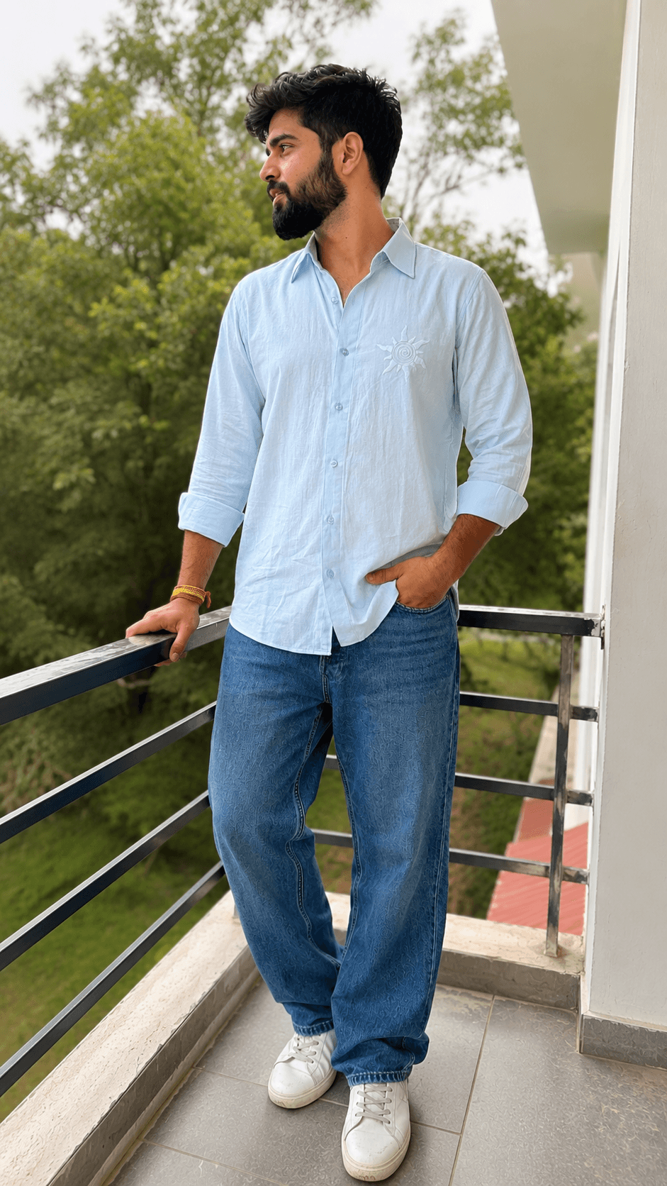 "Suraj" Sky Blue Hand-Embroidered Linen Shirt — Men's Monsoon Collection 3