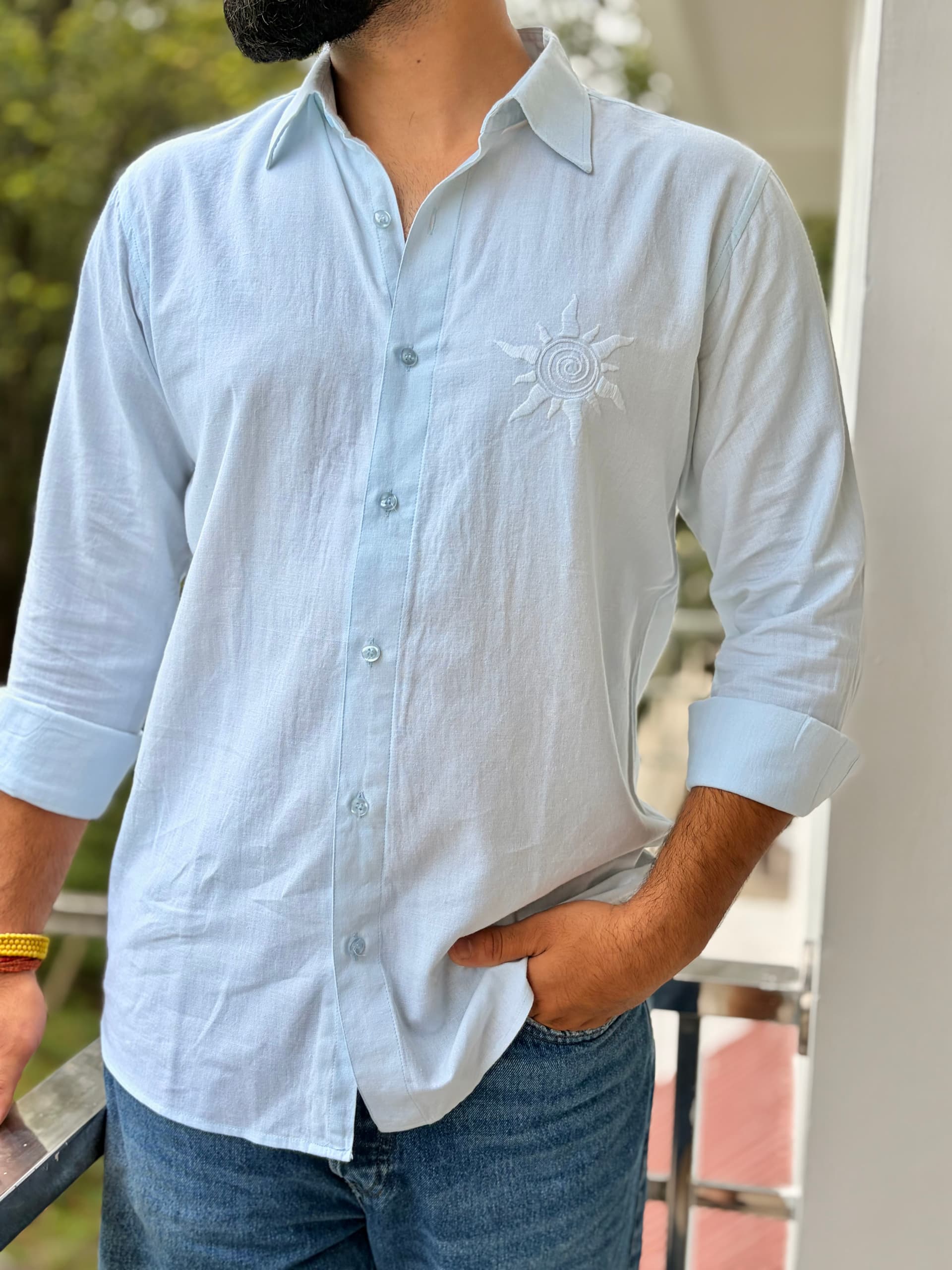 "Suraj" Sky Blue Hand-Embroidered Linen Shirt — Men's Monsoon Collection